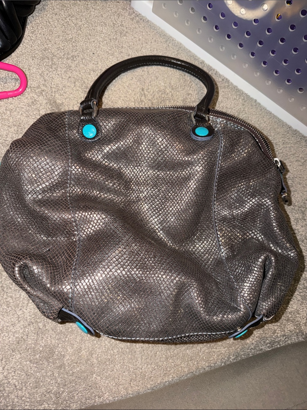 Textured Black Shoulder Bag with Turquoise Accent